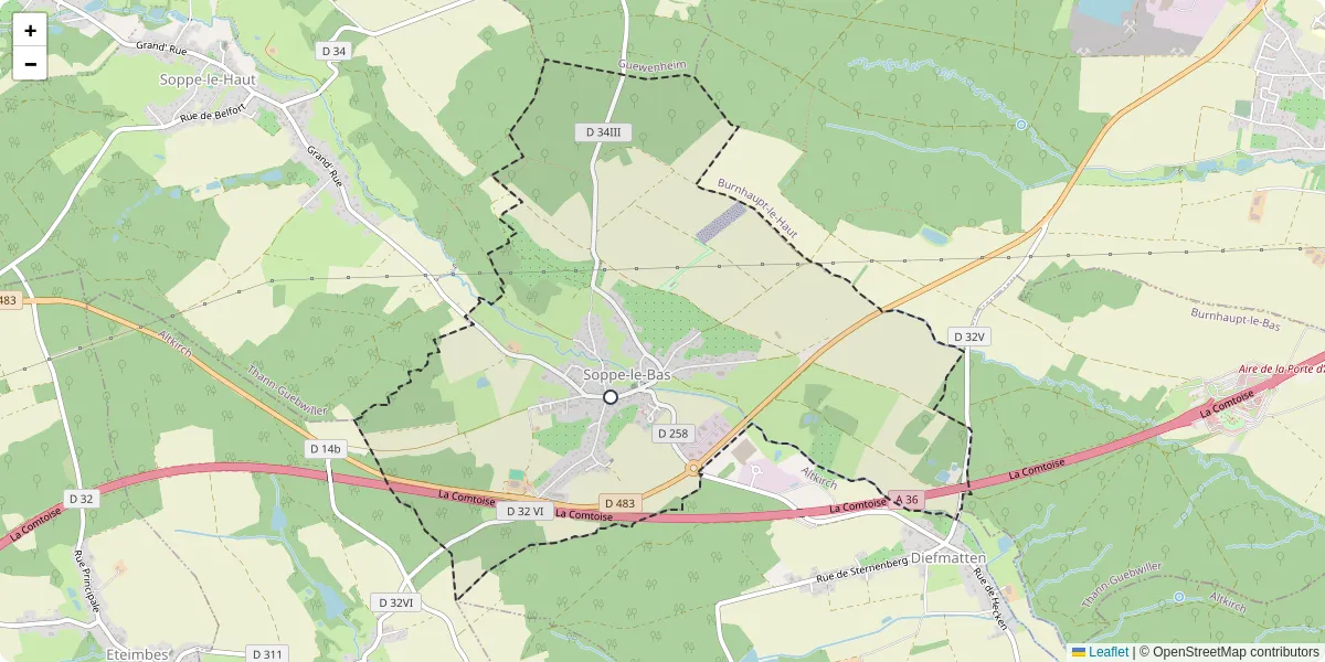 Carte du réseau de transport en commun à Soppe-le-Bas - lignes de bus et arrêts