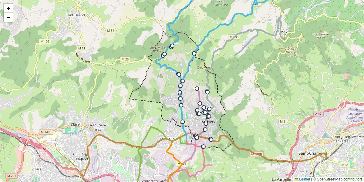 Carte du réseau de transport en commun à Sorbiers - lignes de bus et arrêts