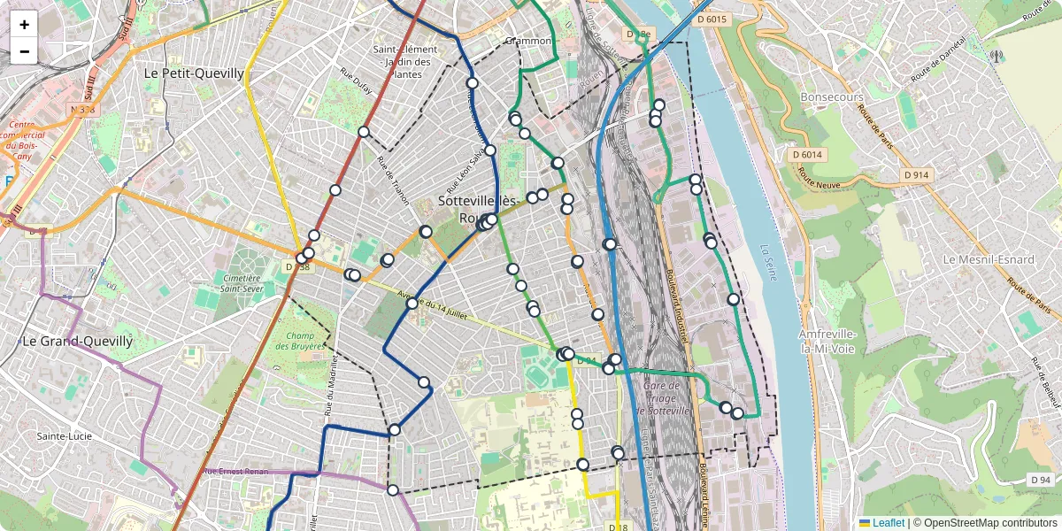 Carte du réseau de transport en commun à Sotteville-lès-Rouen - lignes de bus et arrêts