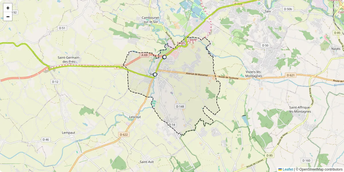 Carte du réseau de transport en commun à Soual - lignes de bus et arrêts