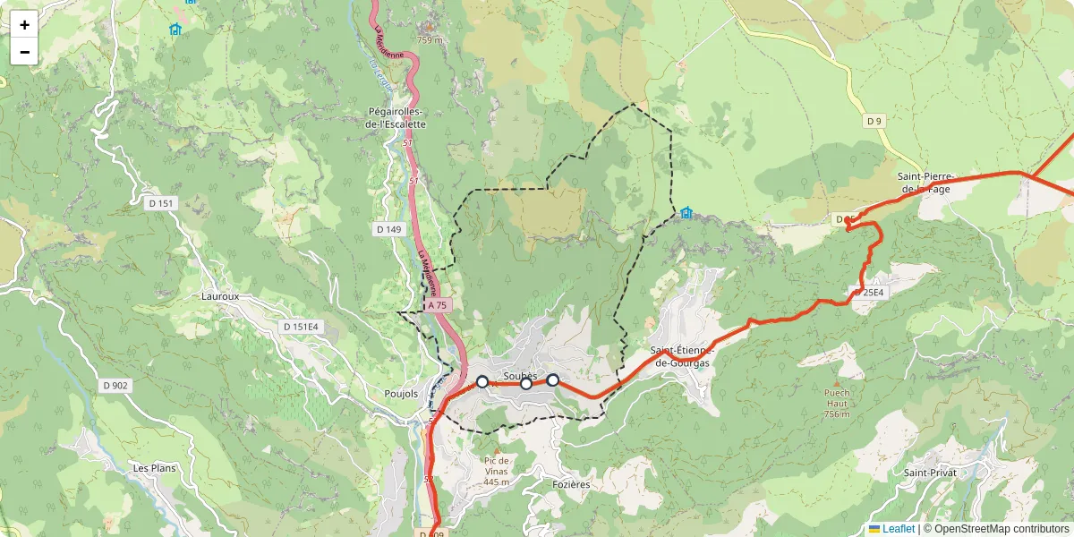 Carte du réseau de transport en commun à Soubès - lignes de bus et arrêts