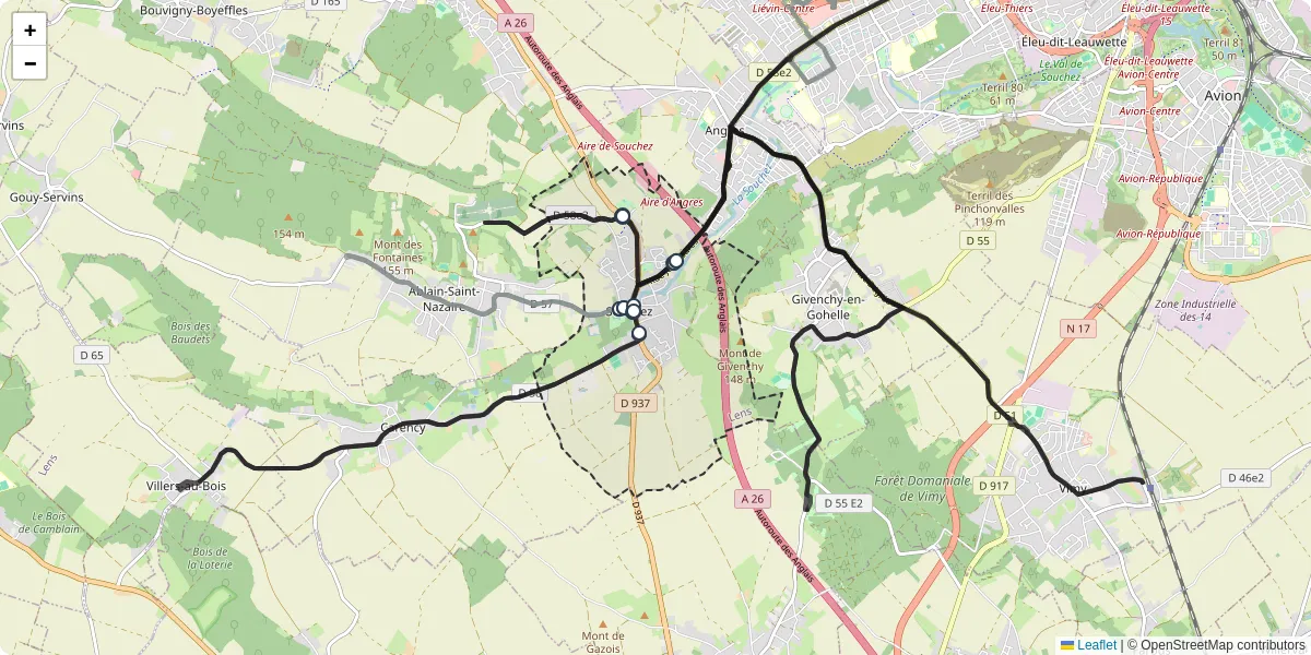 Carte du réseau de transport en commun à Souchez - lignes de bus et arrêts