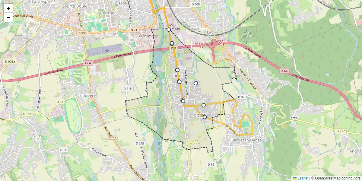 Carte du réseau de transport en commun à Soues - lignes de bus et arrêts