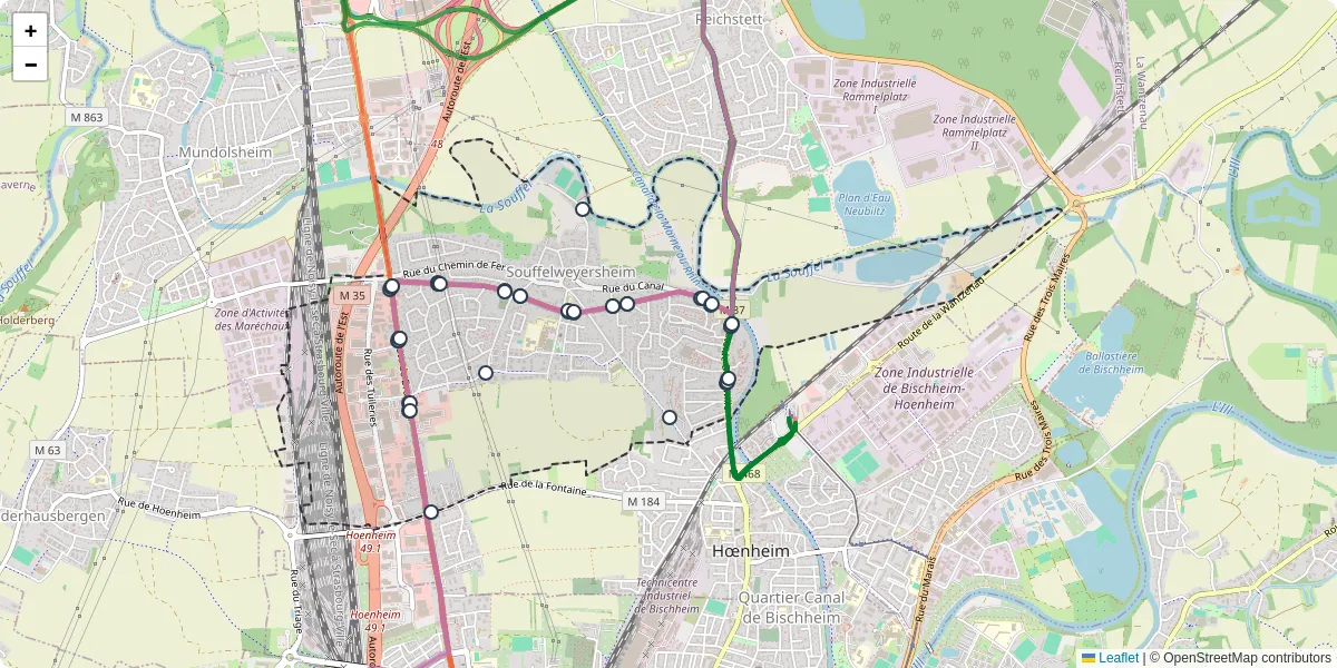 Carte du réseau de transport en commun à Souffelweyersheim - lignes de bus et arrêts