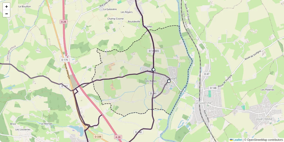 Carte du réseau de transport en commun à Souillé - lignes de bus et arrêts