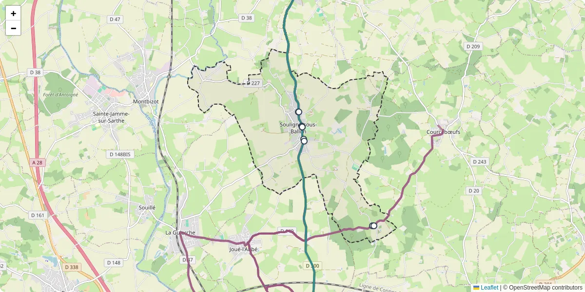 Carte du réseau de transport en commun à Souligné-sous-Ballon - lignes de bus et arrêts
