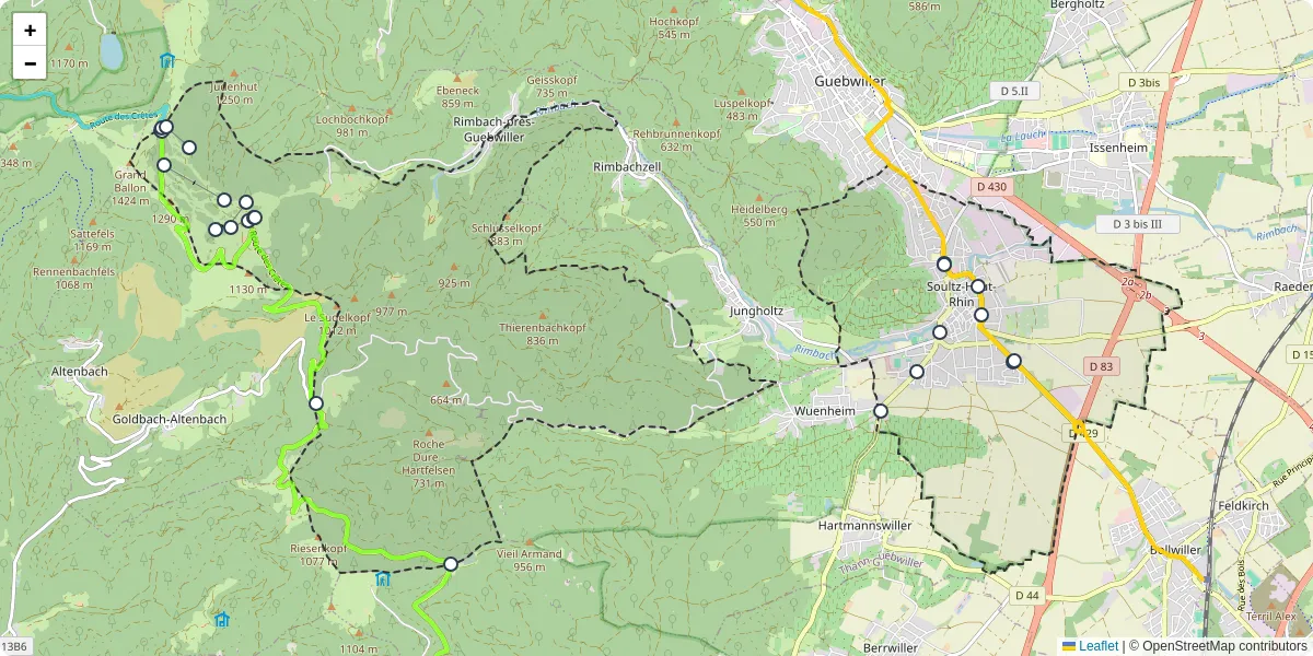 Carte du réseau de transport en commun à Soultz-Haut-Rhin - lignes de bus et arrêts