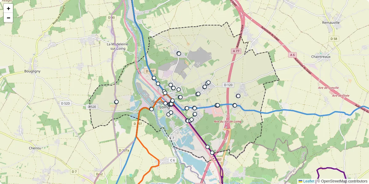 Carte du réseau de transport en commun à Souppes-sur-Loing - lignes de bus et arrêts