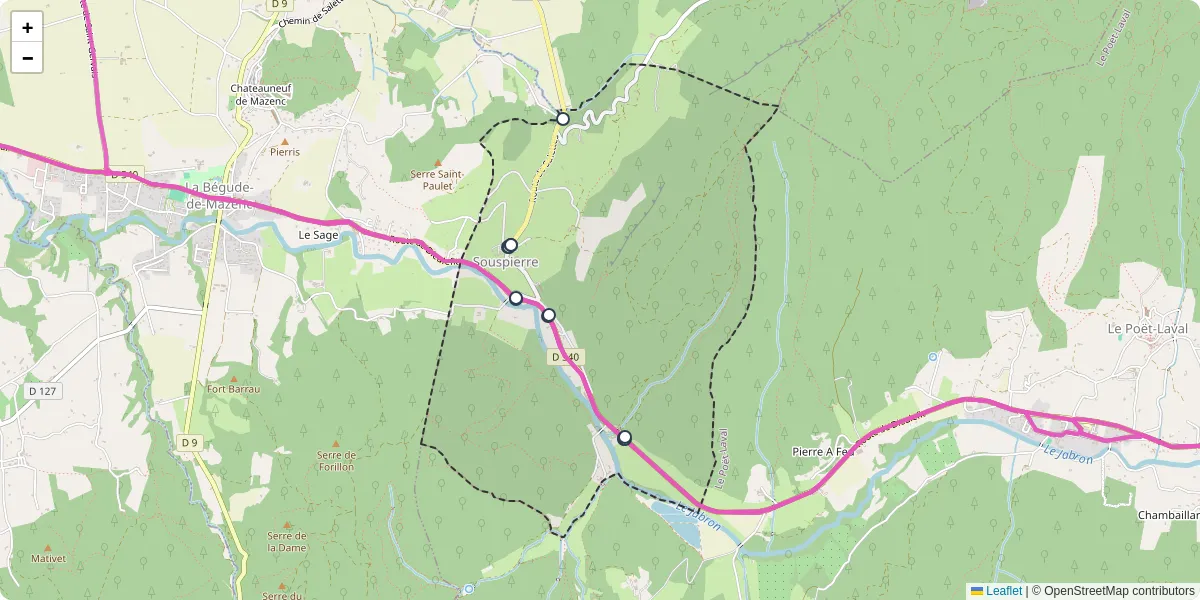 Carte du réseau de transport en commun à Souspierre - lignes de bus et arrêts