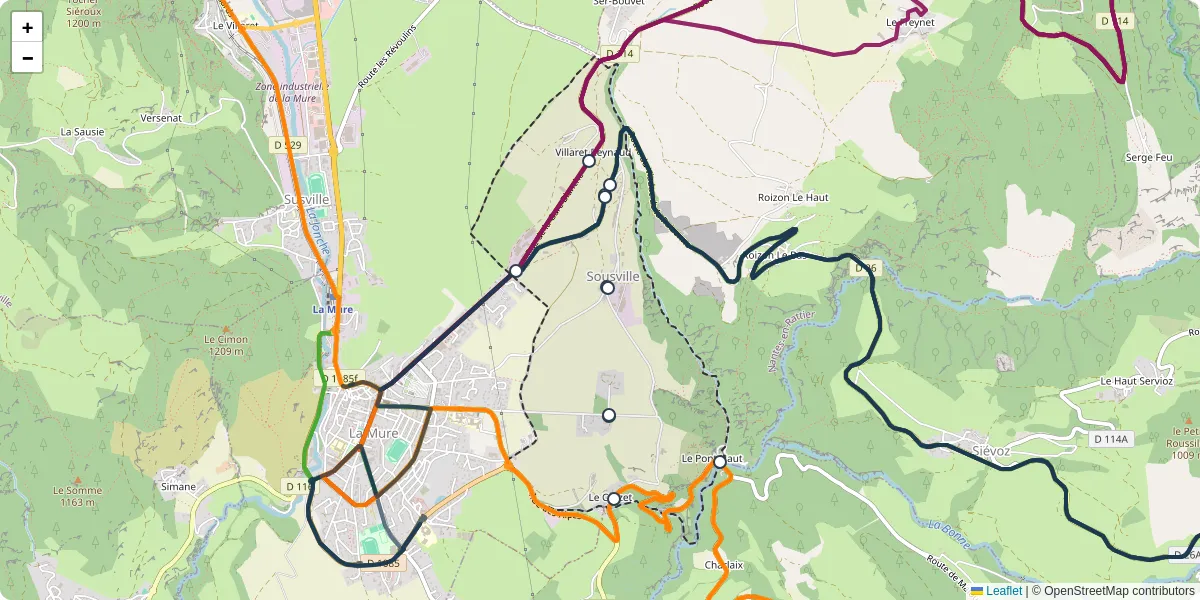 Carte du réseau de transport en commun à Sousville - lignes de bus et arrêts