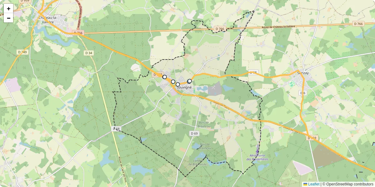 Carte du réseau de transport en commun à Souvigné - lignes de bus et arrêts