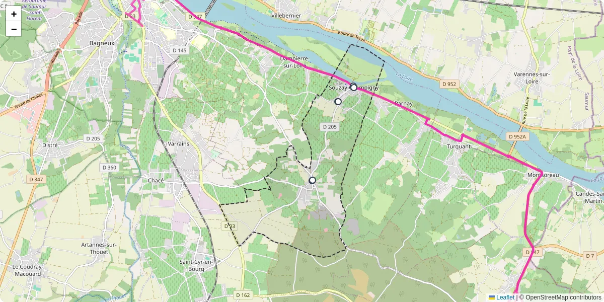 Carte du réseau de transport en commun à Souzay-Champigny - lignes de bus et arrêts