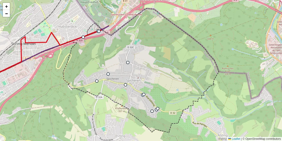 Carte du réseau de transport en commun à Spicheren - lignes de bus et arrêts