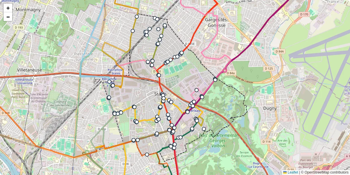 Carte du réseau de transport en commun à Stains - lignes de bus et arrêts