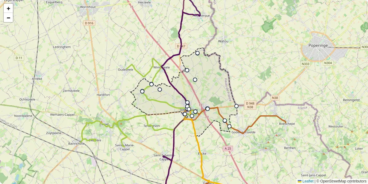 Carte du réseau de transport en commun à Steenvoorde - lignes de bus et arrêts