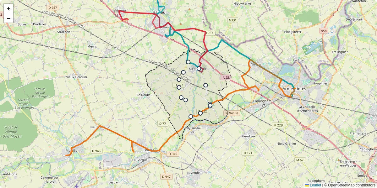 Carte du réseau de transport en commun à Steenwerck - lignes de bus et arrêts