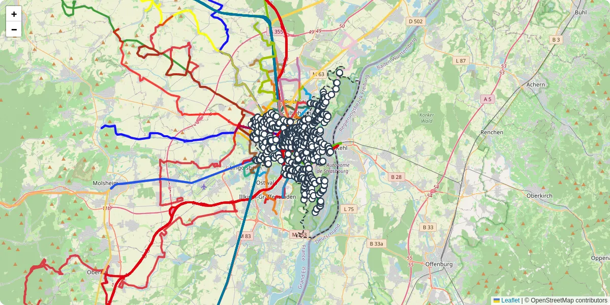 Carte du réseau de transport en commun à Strasbourg - lignes de bus et arrêts
