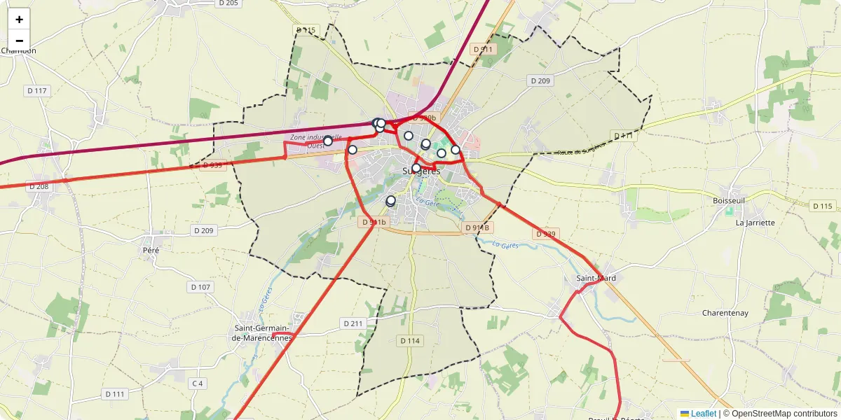 Carte du réseau de transport en commun à Surgères - lignes de bus et arrêts