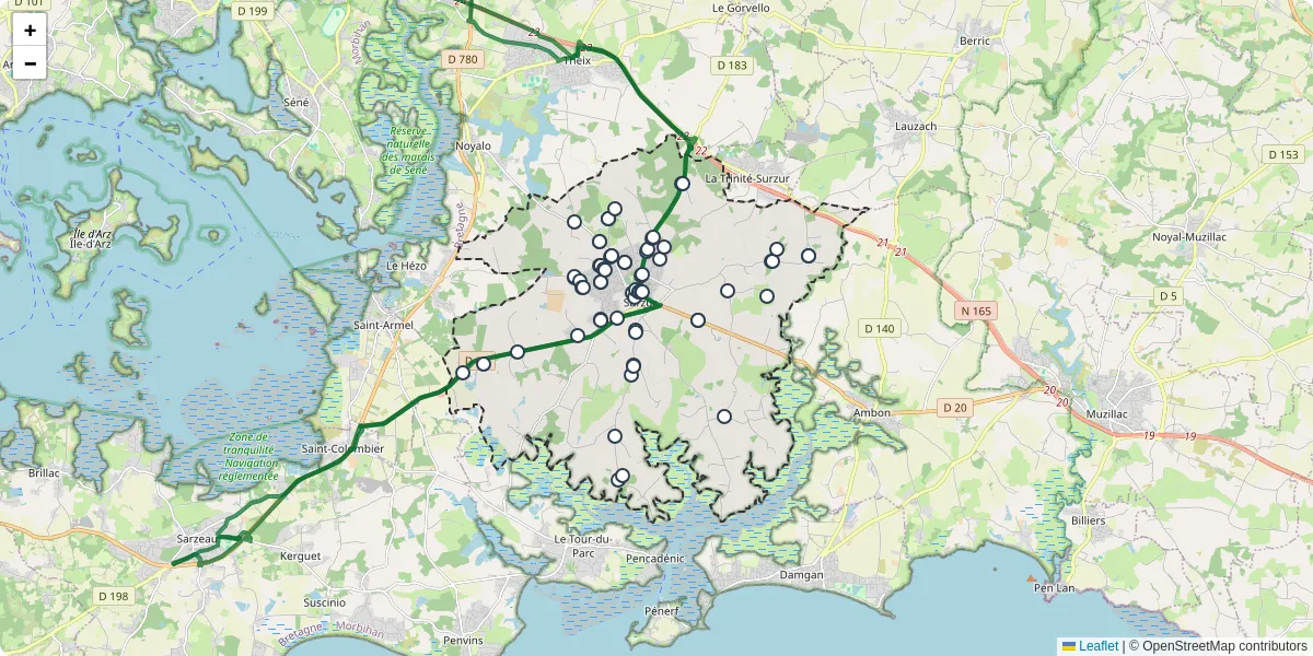 Carte du réseau de transport en commun à Surzur - lignes de bus et arrêts