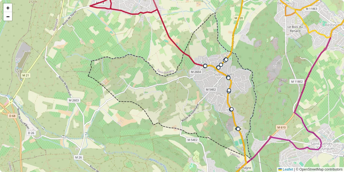 Carte du réseau de transport en commun à Sussargues - lignes de bus et arrêts