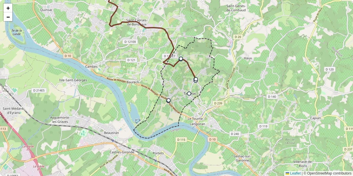 Carte du réseau de transport en commun à Tabanac - lignes de bus et arrêts