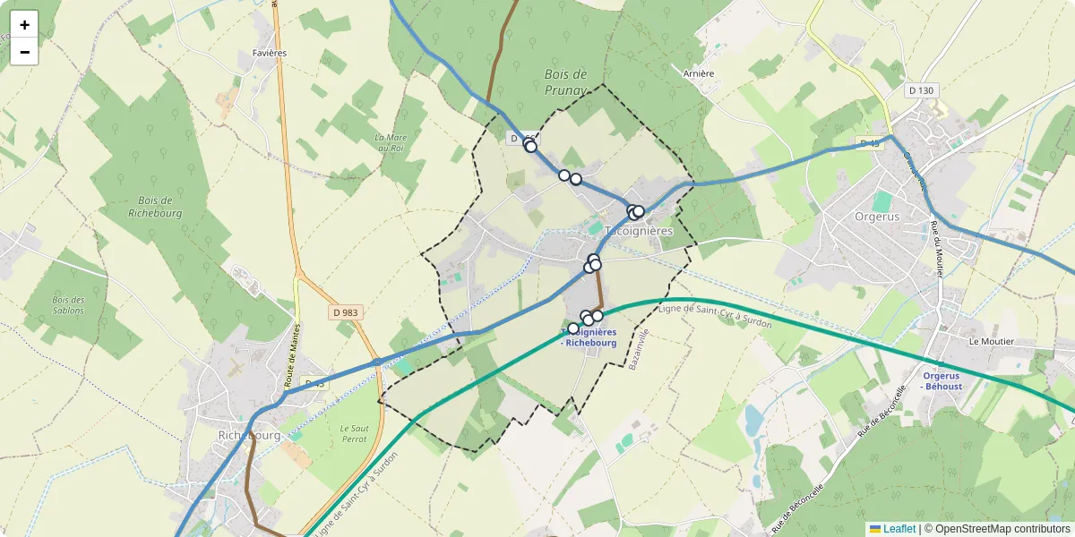 Carte du réseau de transport en commun à Tacoignières - lignes de bus et arrêts