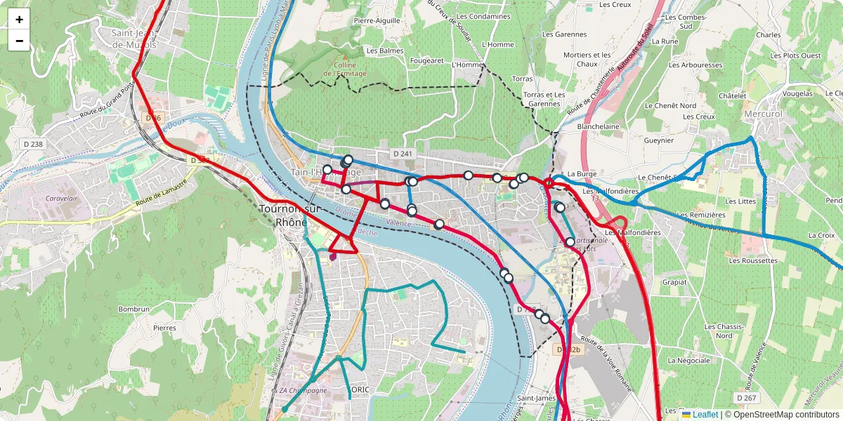 Carte du réseau de transport en commun à Tain-l'Hermitage - lignes de bus et arrêts
