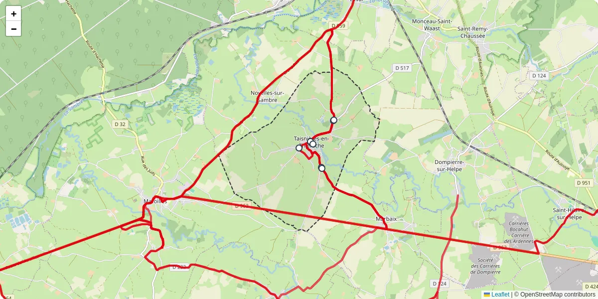Carte du réseau de transport en commun à Taisnières-en-Thiérache - lignes de bus et arrêts