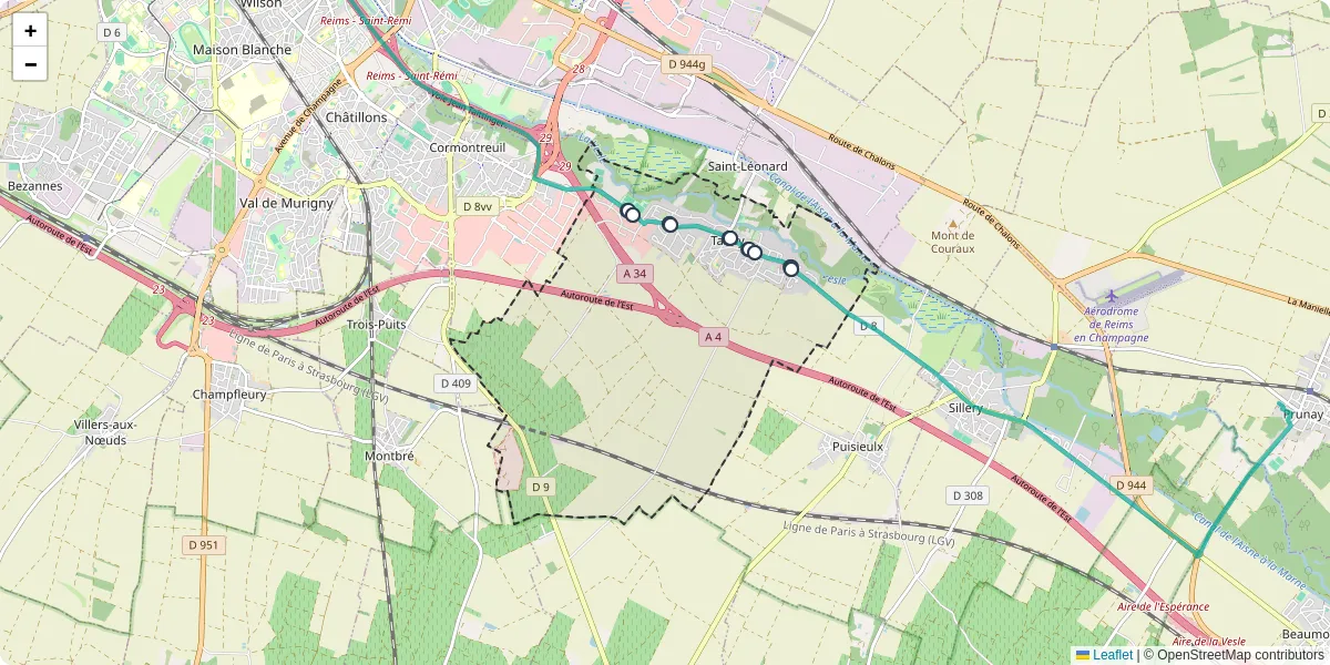 Carte du réseau de transport en commun à Taissy - lignes de bus et arrêts