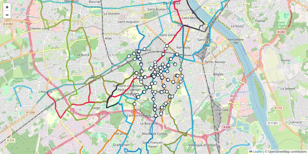 Carte du réseau de transport en commun à Talence - lignes de bus et arrêts