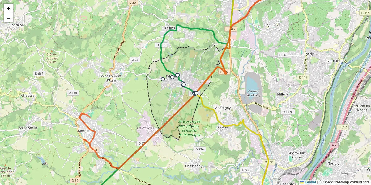 Carte du réseau de transport en commun à Taluyers - lignes de bus et arrêts
