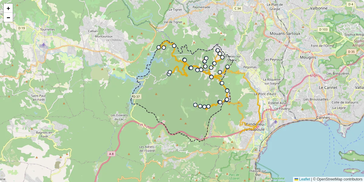 Carte du réseau de transport en commun à Tanneron - lignes de bus et arrêts