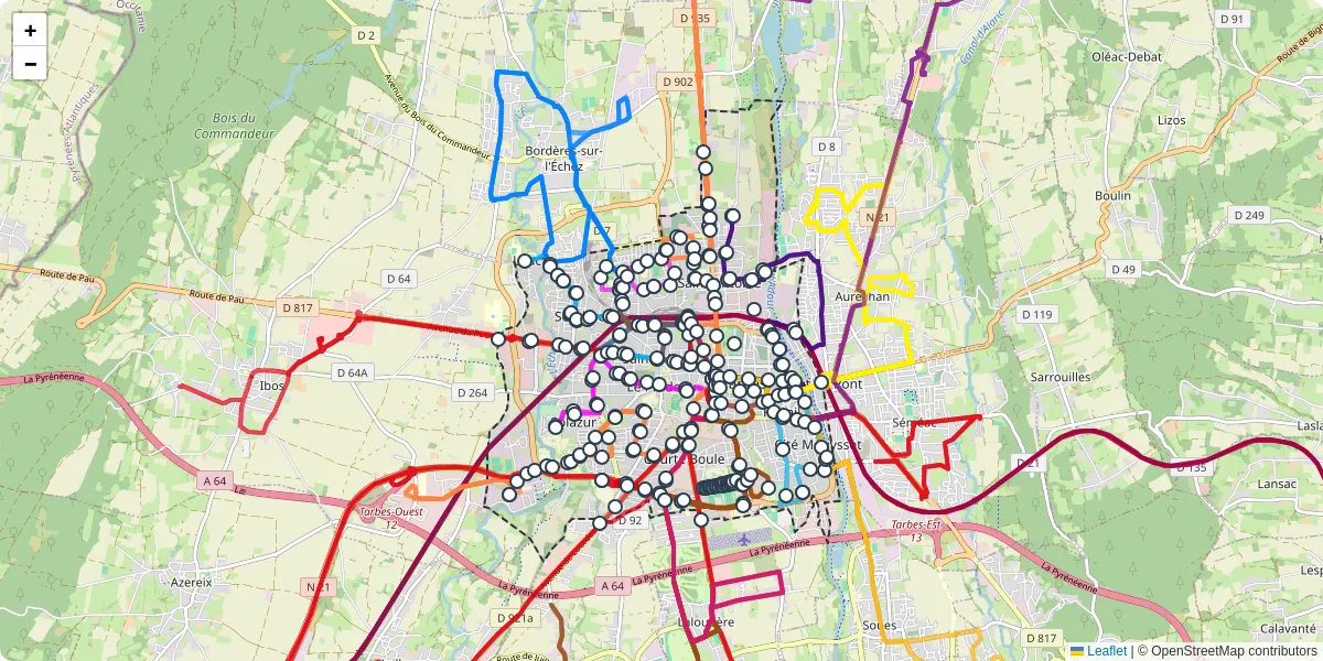 Carte du réseau de transport en commun à Tarbes - lignes de bus et arrêts