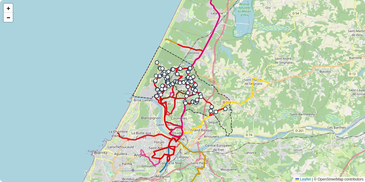 Carte du réseau de transport en commun à Tarnos - lignes de bus et arrêts