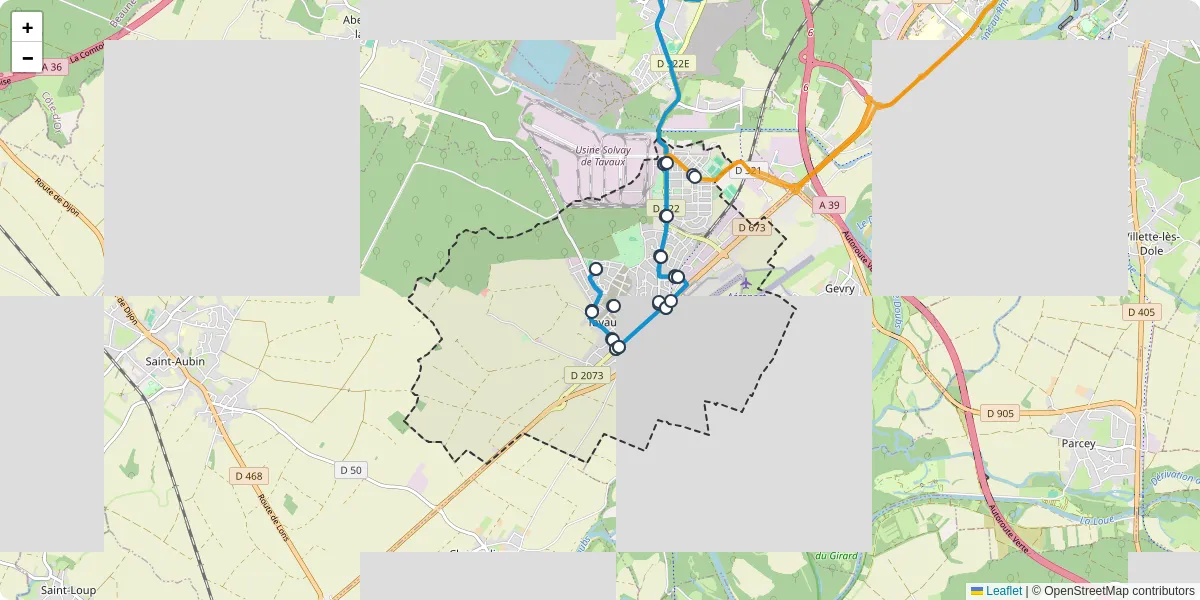Carte du réseau de transport en commun à Tavaux - lignes de bus et arrêts