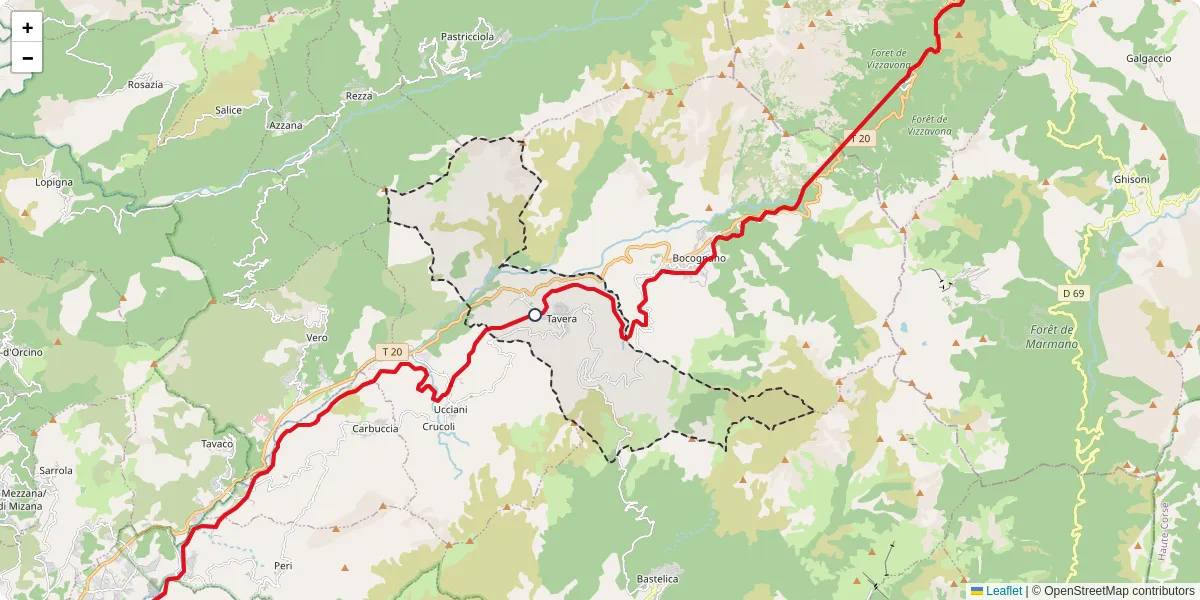 Carte du réseau de transport en commun à Tavera - lignes de bus et arrêts
