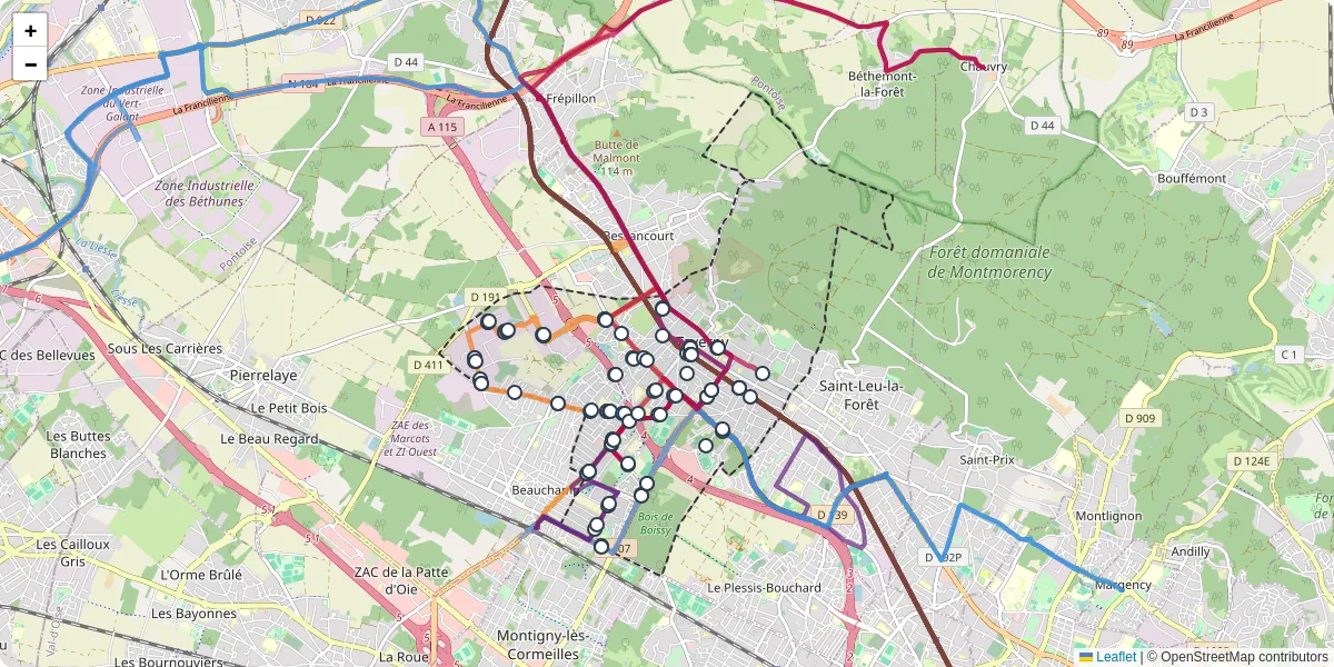Carte du réseau de transport en commun à Taverny - lignes de bus et arrêts