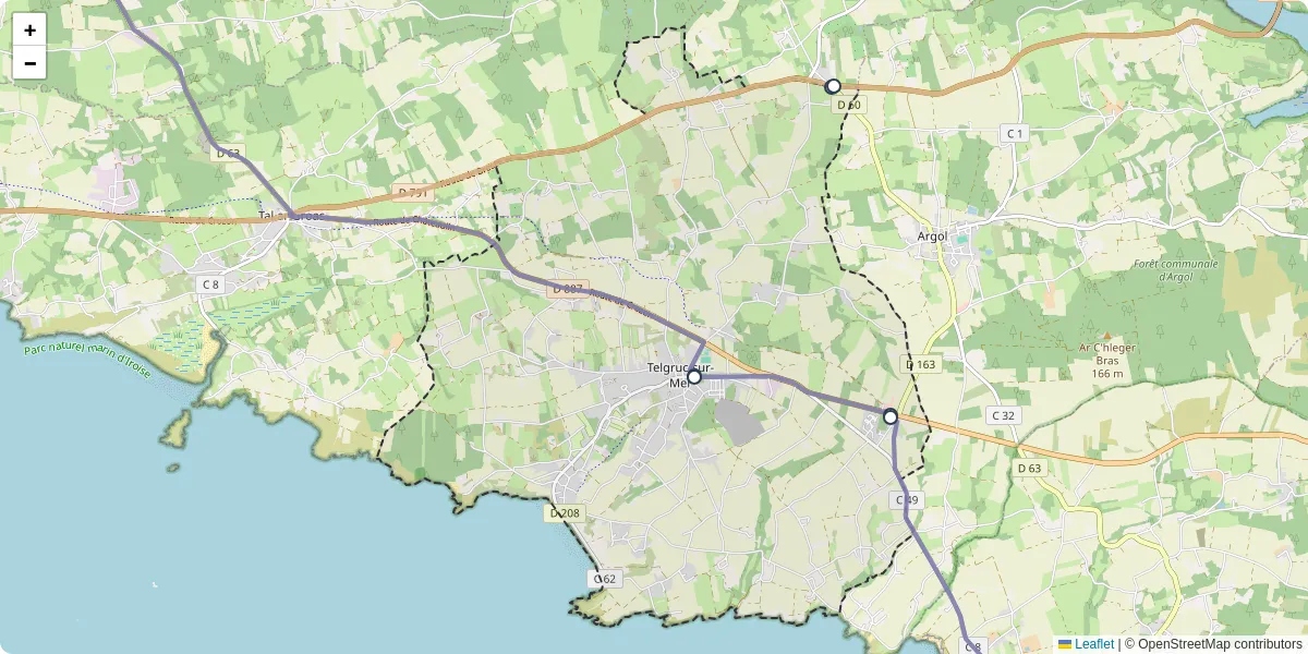 Carte du réseau de transport en commun à Telgruc-sur-Mer - lignes de bus et arrêts