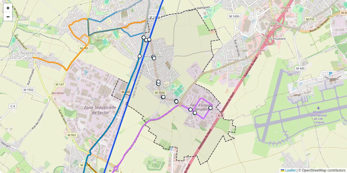 Carte du réseau de transport en commun à Templemars - lignes de bus et arrêts