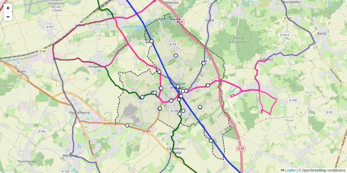 Carte du réseau de transport en commun à Templeuve-en-Pévèle - lignes de bus et arrêts