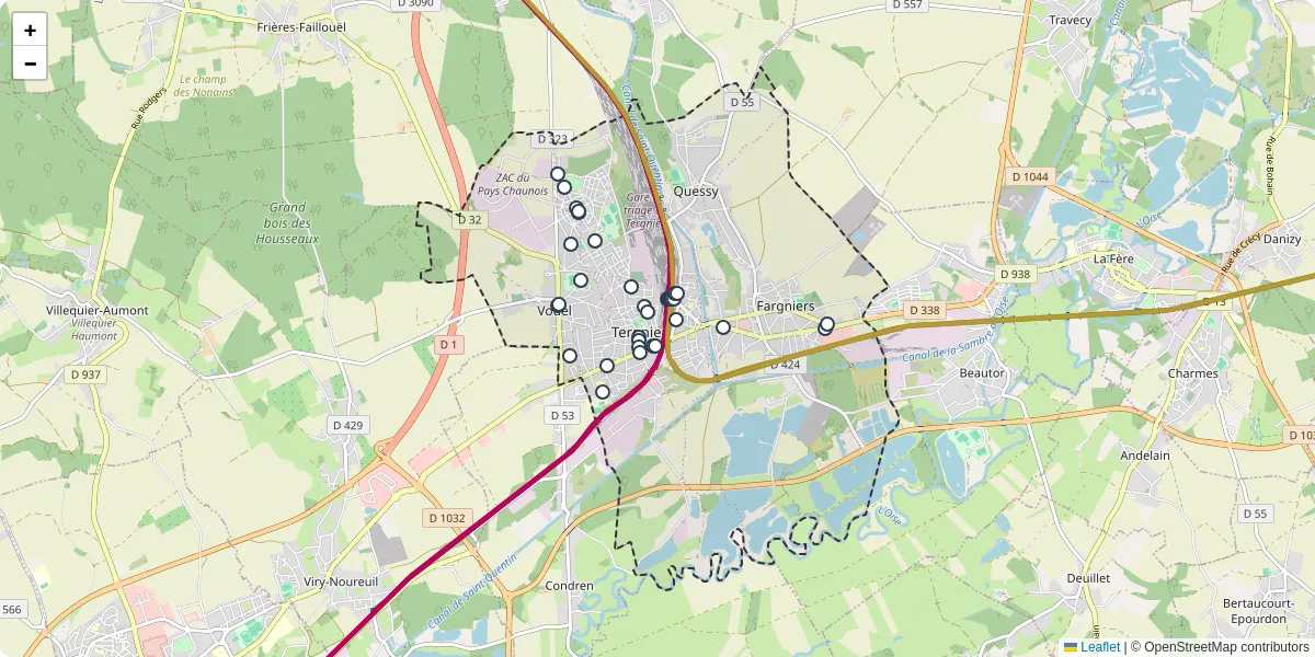 Carte du réseau de transport en commun à Tergnier - lignes de bus et arrêts
