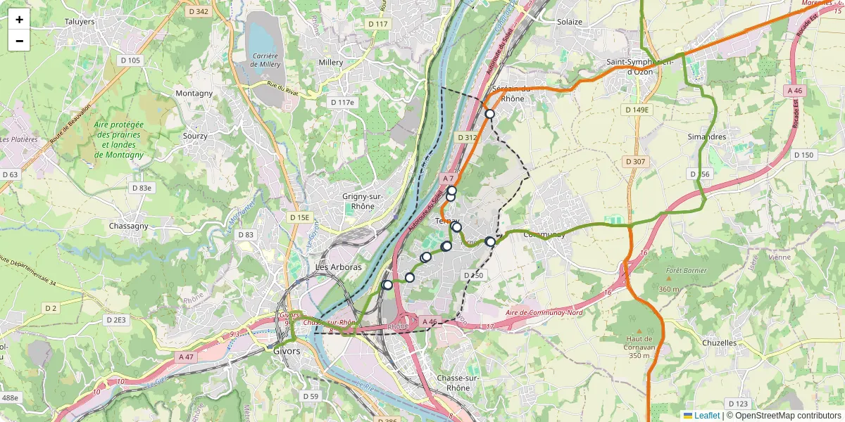 Carte du réseau de transport en commun à Ternay - lignes de bus et arrêts
