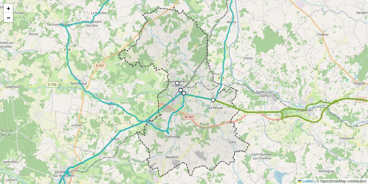 Carte du réseau de transport en commun à Terres-de-Haute-Charente - lignes de bus et arrêts