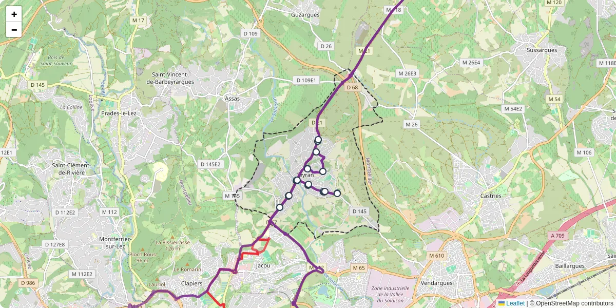 Carte du réseau de transport en commun à Teyran - lignes de bus et arrêts
