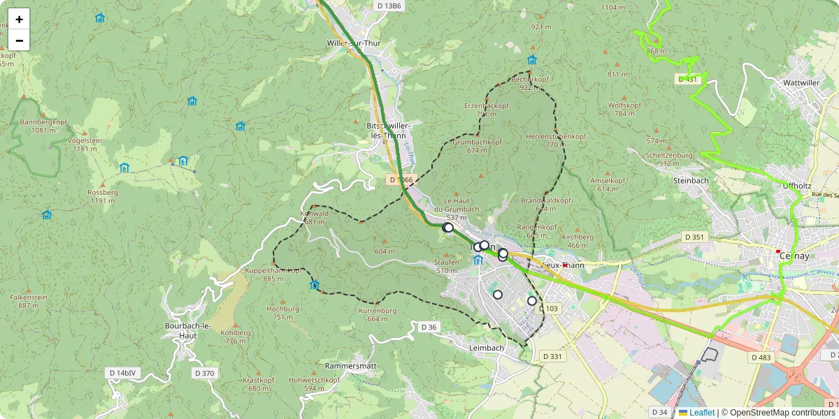 Carte du réseau de transport en commun à Thann - lignes de bus et arrêts