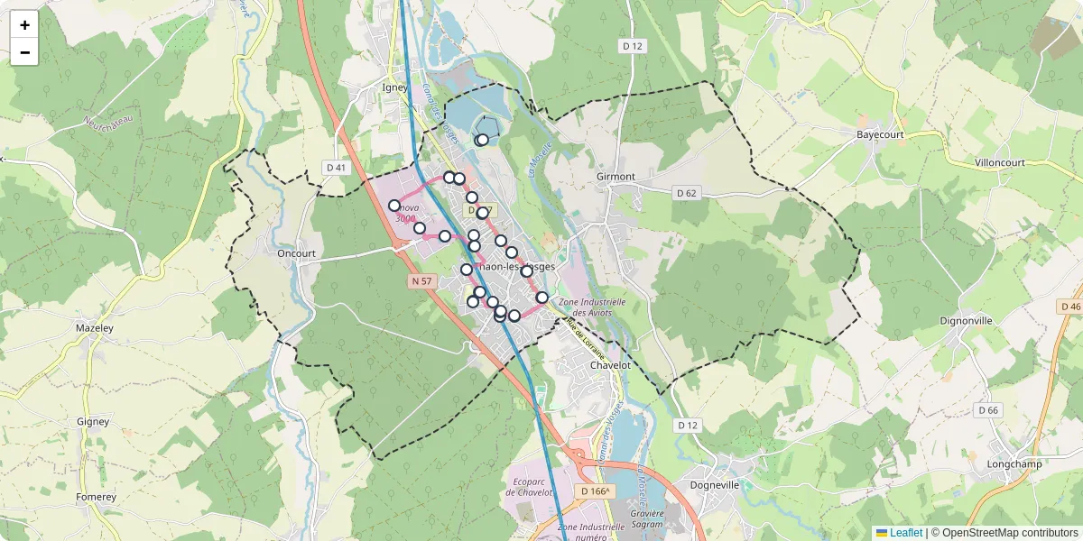 Carte du réseau de transport en commun à Thaon-les-Vosges - lignes de bus et arrêts