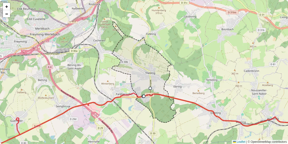 Carte du réseau de transport en commun à Théding - lignes de bus et arrêts