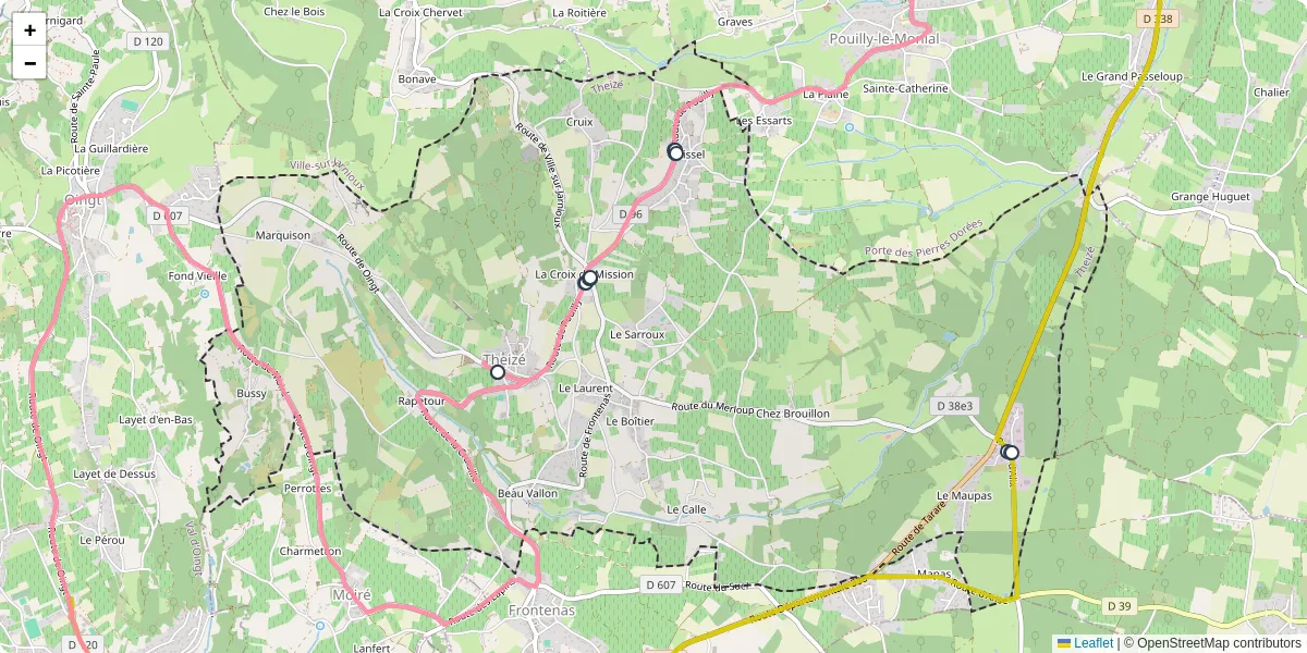 Carte du réseau de transport en commun à Theizé - lignes de bus et arrêts