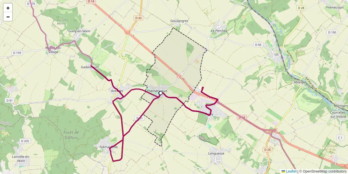 Carte du réseau de transport en commun à Théméricourt - lignes de bus et arrêts