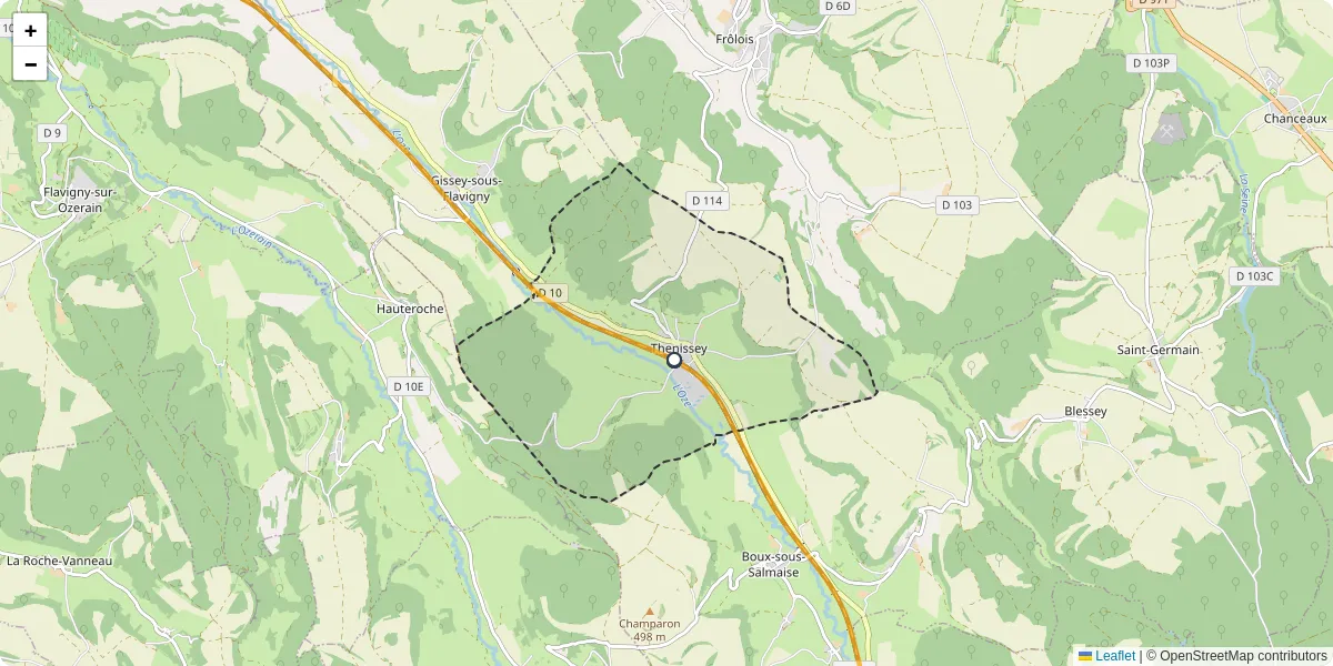 Carte du réseau de transport en commun à Thenissey - lignes de bus et arrêts